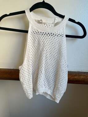 Happily Grey White Open Knit Mesh Crochet Halter Tank Top cropped